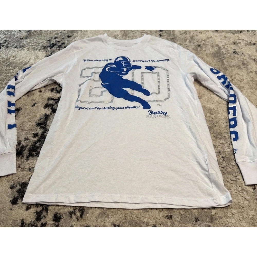 Detroit Lions Barry Sanders ONG Sleeve T-shirt White Blue Mens Sz Medium